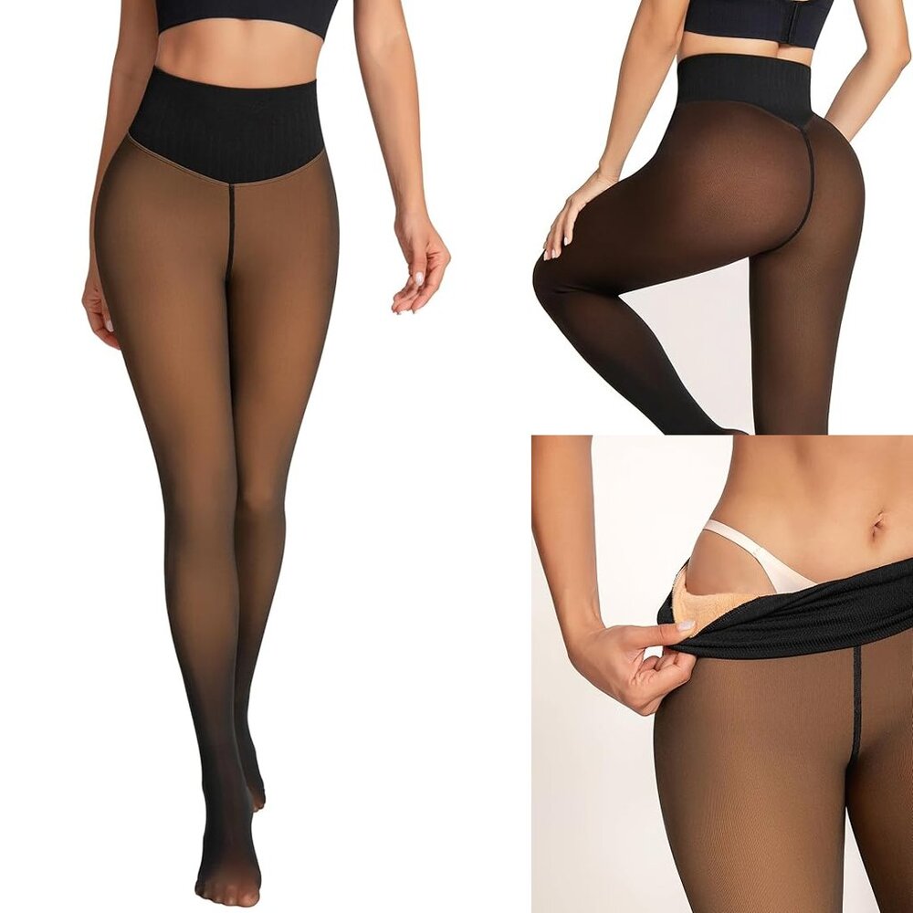 Women Fake Sheer Thermal Fleece Lined Tights M/L Tan Tummy Control